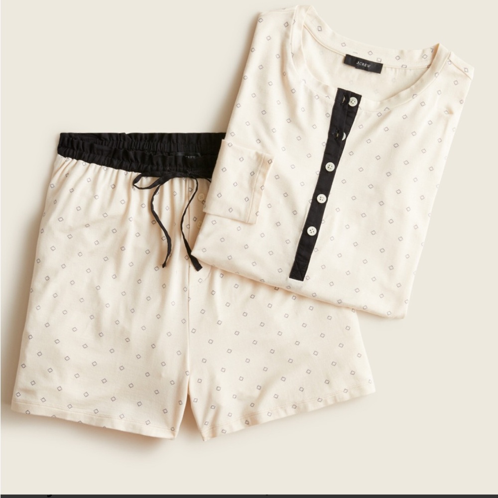 J. Crew Cream and Black Patterned Henley Top and Bottom Pajama Set. Size Small